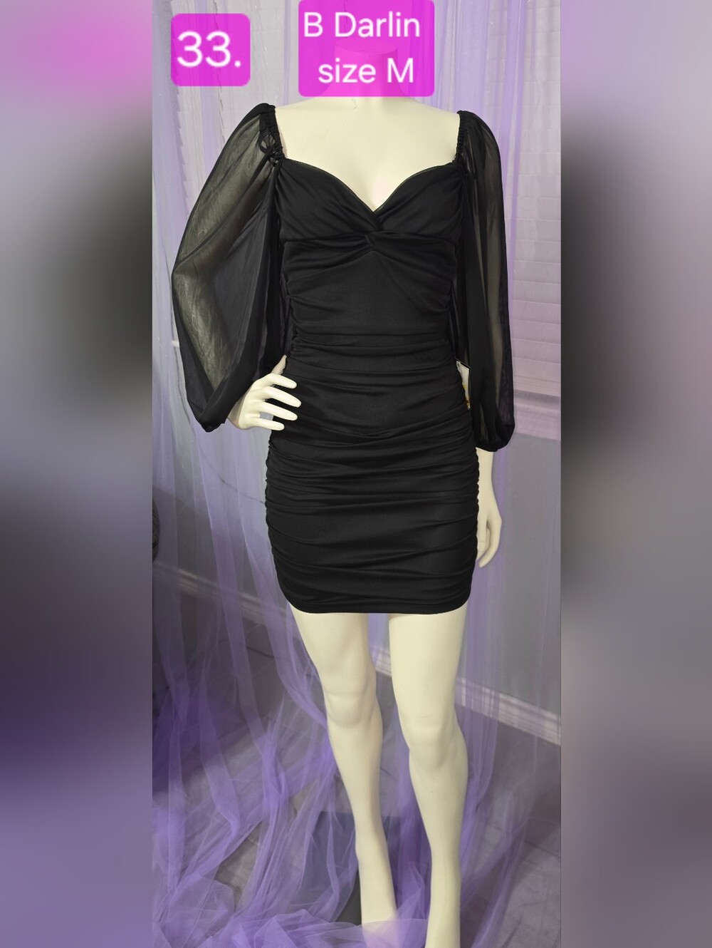 B Darlin Black Ruched Mini Dress with Sheer Balloon Sleeves